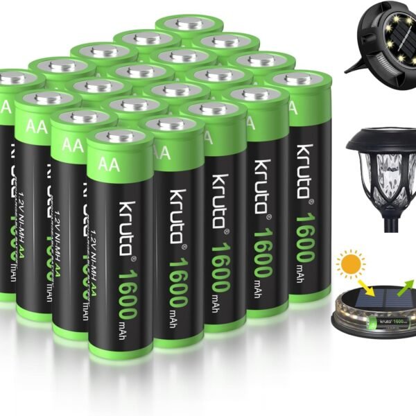 Solar Light Rechargeable AA Battery 1600mAh NiMH 1.2V Low Self-Discharge – 20 Pack