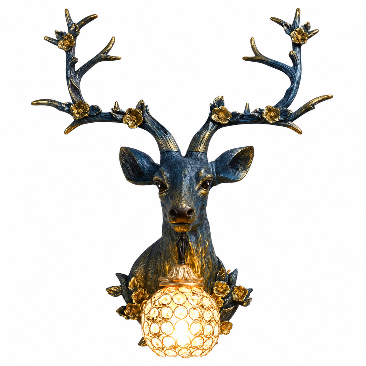 Antler wall sconce with handcrafted blue deer head and vintage rustic globe light