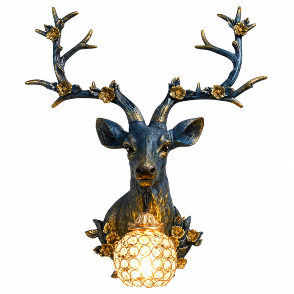 Antler wall sconce with handcrafted blue deer head and vintage rustic globe light