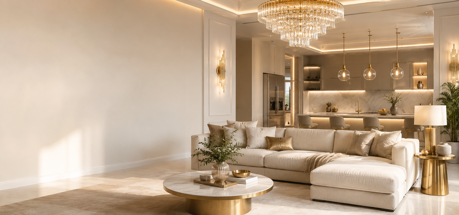 Elegant Cream and Gold Open-Plan Interior
