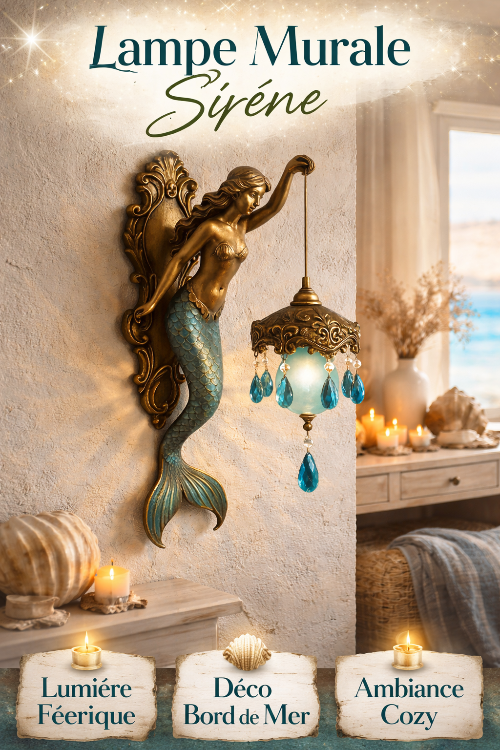 Mermaid Sconce Vintage Coastal Wall Lamp with Crystal Lantern, Resin Wall Light for Bedroom Bathroom Living Room – 8 Inch - Image 2