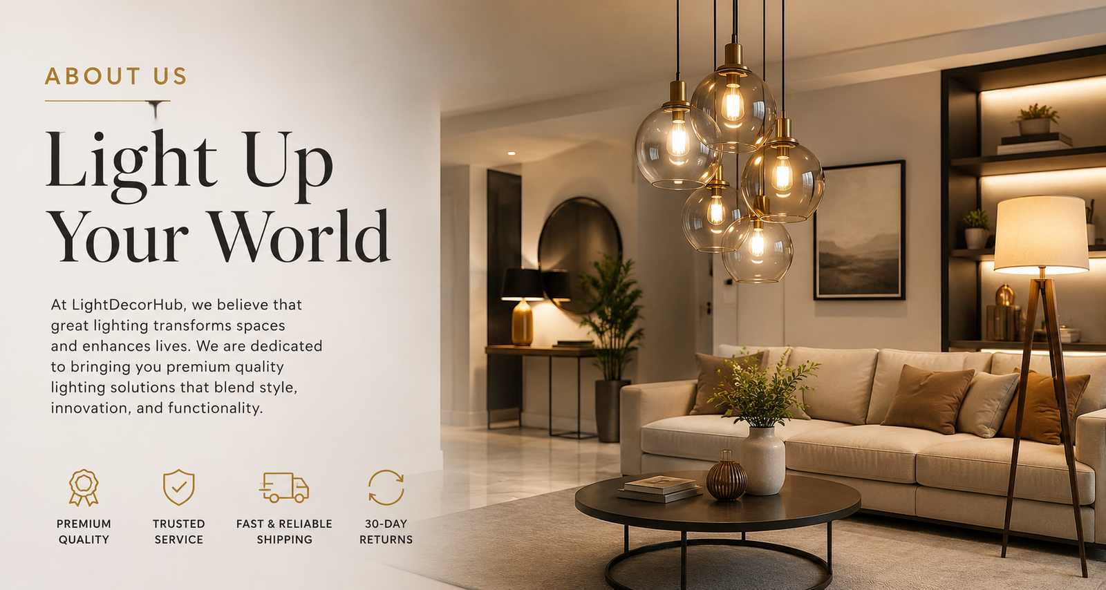 Modern luxury living room showcasing premium pendant lights, table lamps, and elegant home lighting by LightDecorHub.