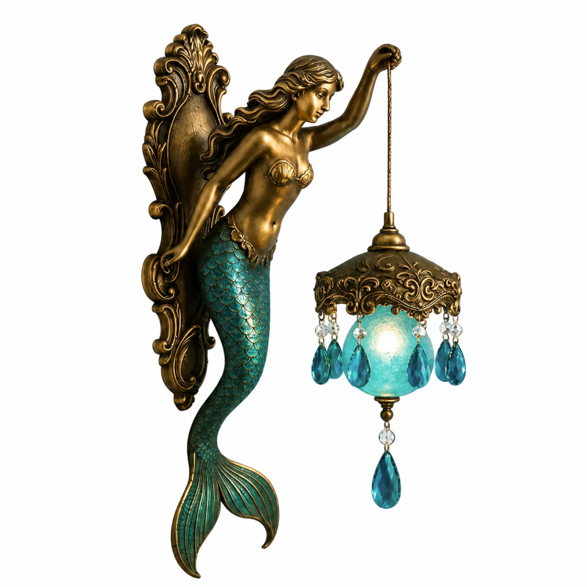 Mermaid sconce with antique bronze finish, turquoise tail, and crystal lantern mounted on a white background.