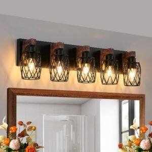 Nooriva Mid Century Wall Sconce 31" 5-Light Industrial Wall Light, Black Metal Cage & Walnut Wood Bathroom Vanity Fixture