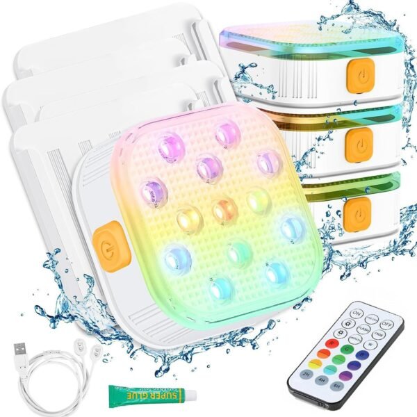 Nooriva Magnetic Pool Light 2-Pack – RGB Color-Changing, Rechargeable, Submersible 13-LED for Swimming Pool, Bathtub, Pond – Solar Light Alternative, No Sun Needed, 90mm Diameter, ABS Plastic