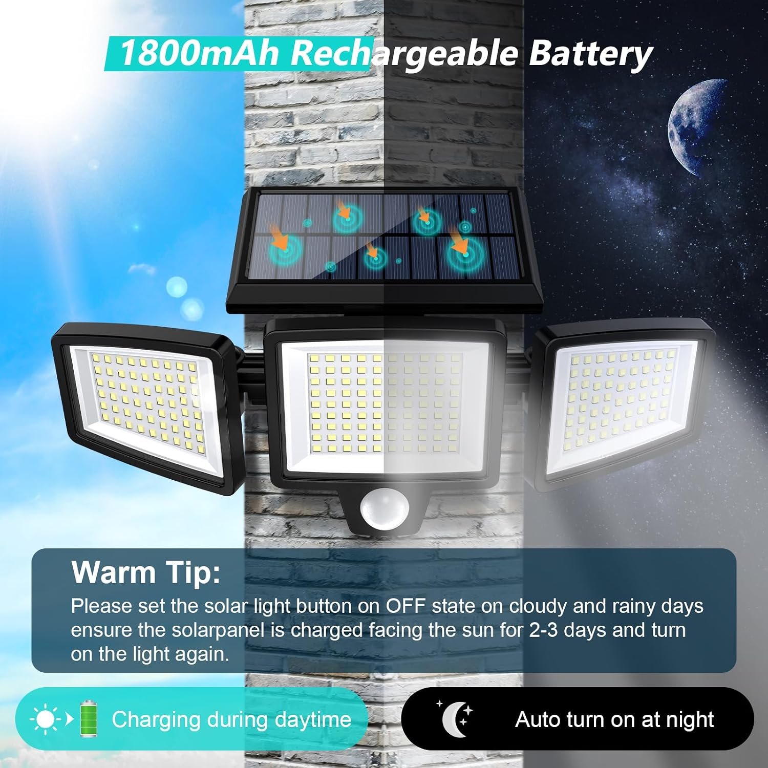 Solar Lights Motion Sensor Outdoor, 2500LM 210 LED 3-Head Flood Lights, 2 Pack