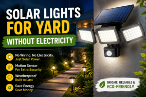 Solar lights for yard without electricity with motion sensor floodlight and illuminated garden pathway