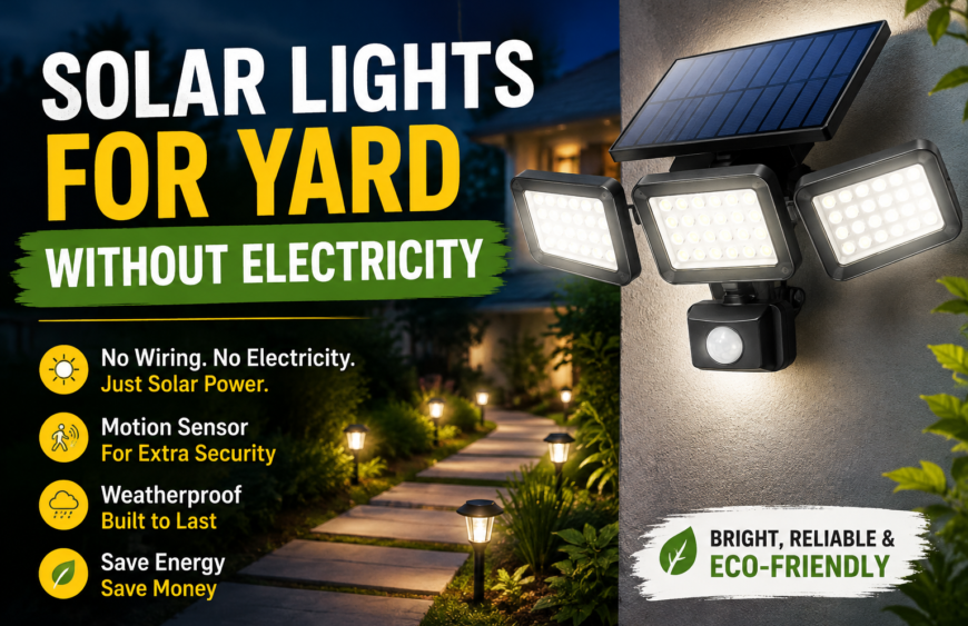 Solar lights for yard without electricity with motion sensor floodlight and illuminated garden pathway