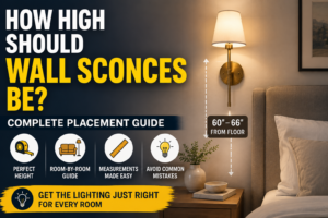 Wall sconce height guide showing a bedroom wall light mounted at the recommended height above a nightstand