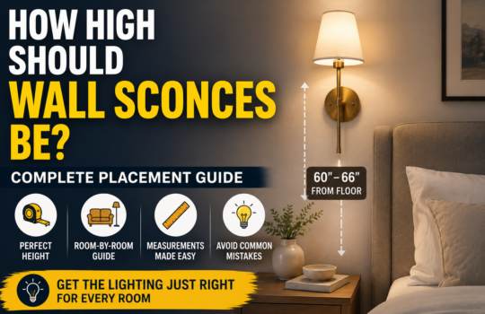 Wall sconce height guide showing a bedroom wall light mounted at the recommended height above a nightstand