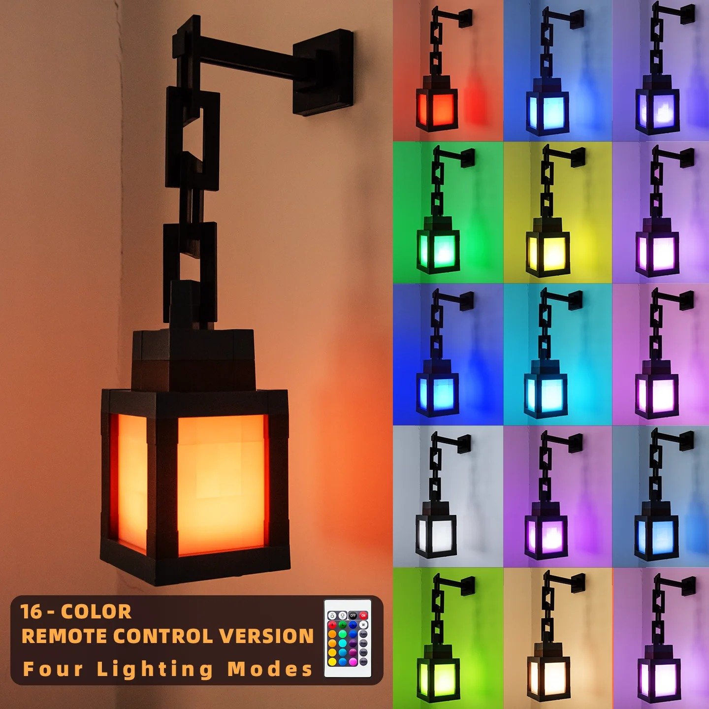 Minecraft Lantern Pixel Style Night Light – 16 Color Portable Table Lamp