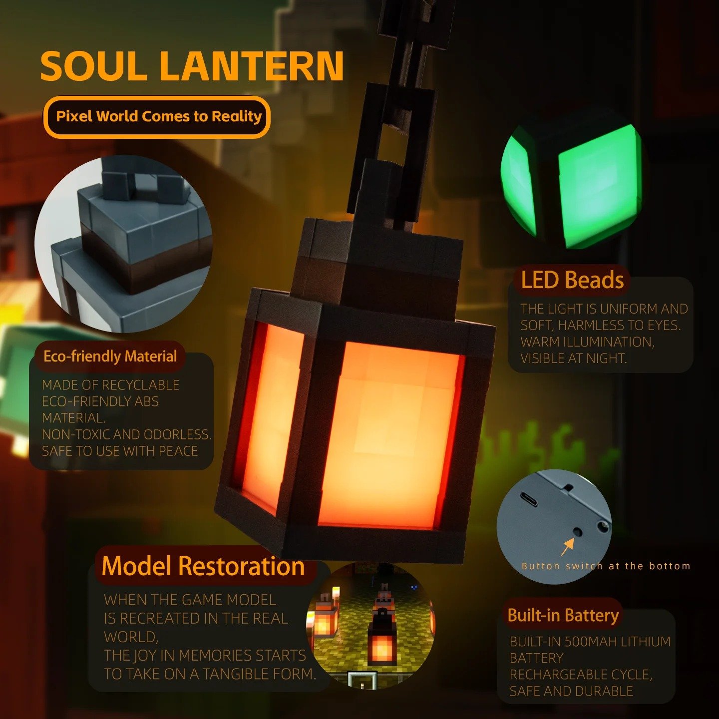 Minecraft Lantern Pixel Style Night Light – 16 Color Portable Table Lamp