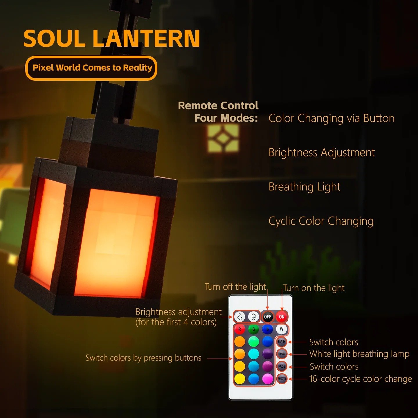 Minecraft Lantern Pixel Style Night Light – 16 Color Portable Table Lamp