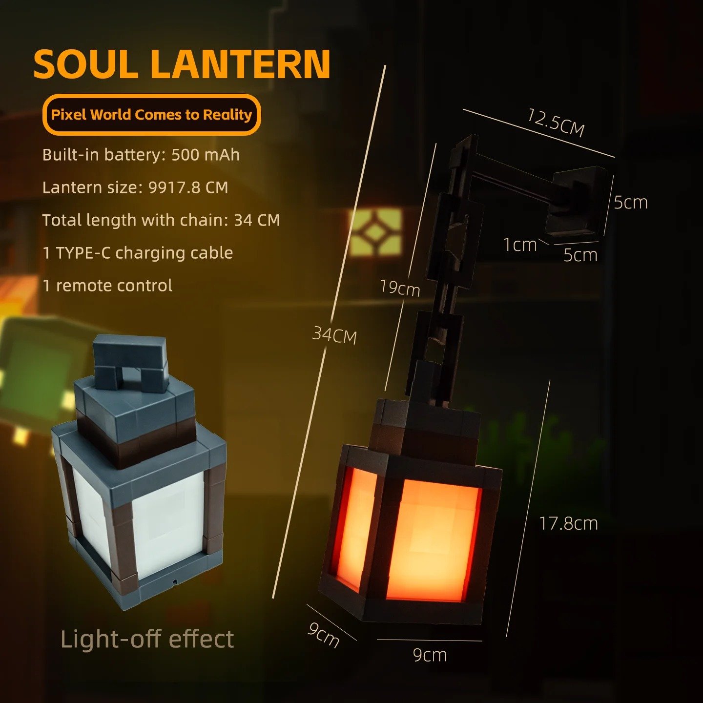 Minecraft Lantern Pixel Style Night Light – 16 Color Portable Table Lamp