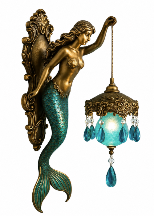 Mermaid Sconce Vintage Coastal Wall Lamp with Crystal Lantern, Resin Wall Light for Bedroom Bathroom Living Room – 8 Inch