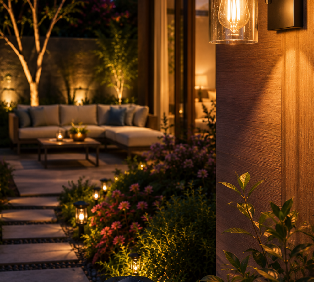 Serene dusk garden pathway with lights